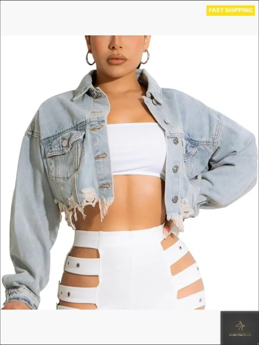 Cropped Denim Jacket Ripped Distressed Frayed Hem Button Up Long Sleeve